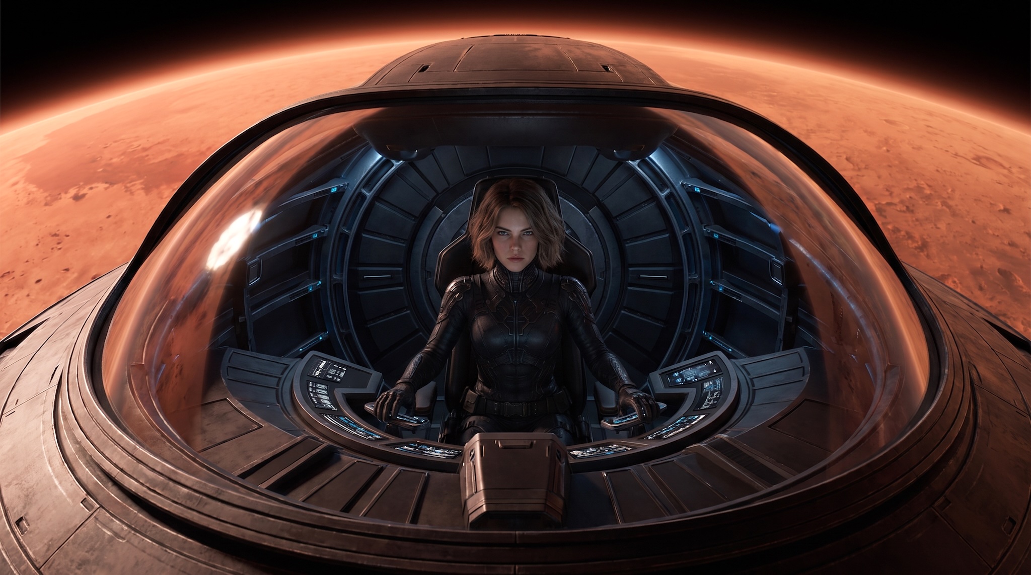 Major Mara Falkner im Cockpit ihres Missionsschiffs über einem fernen Planeten