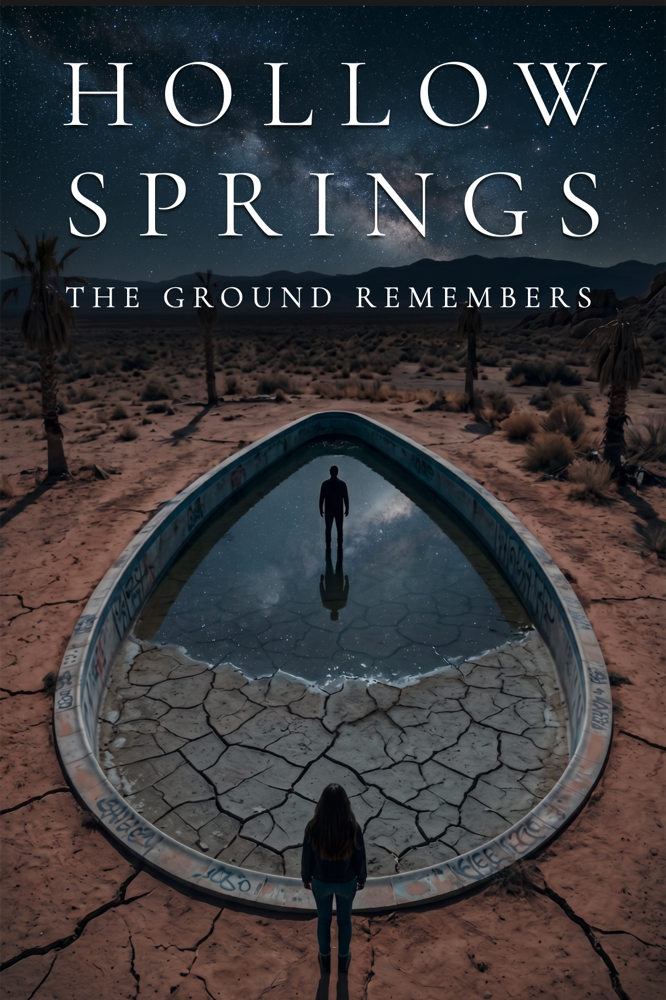 Vollständiges Projektplakat zu Hollow Springs: ein trockener Pool in einer nächtlichen Wüstenlandschaft