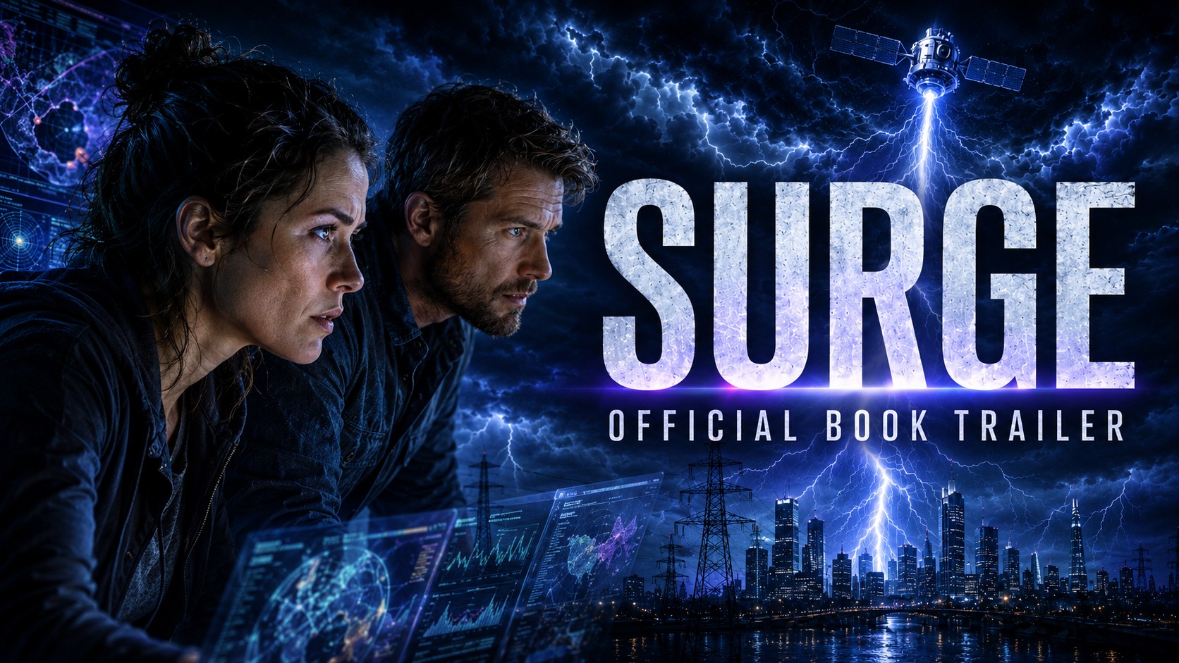 Key Art zum SURGE Buchtrailer mit zwei Figuren, Gewitterhimmel und Satellit