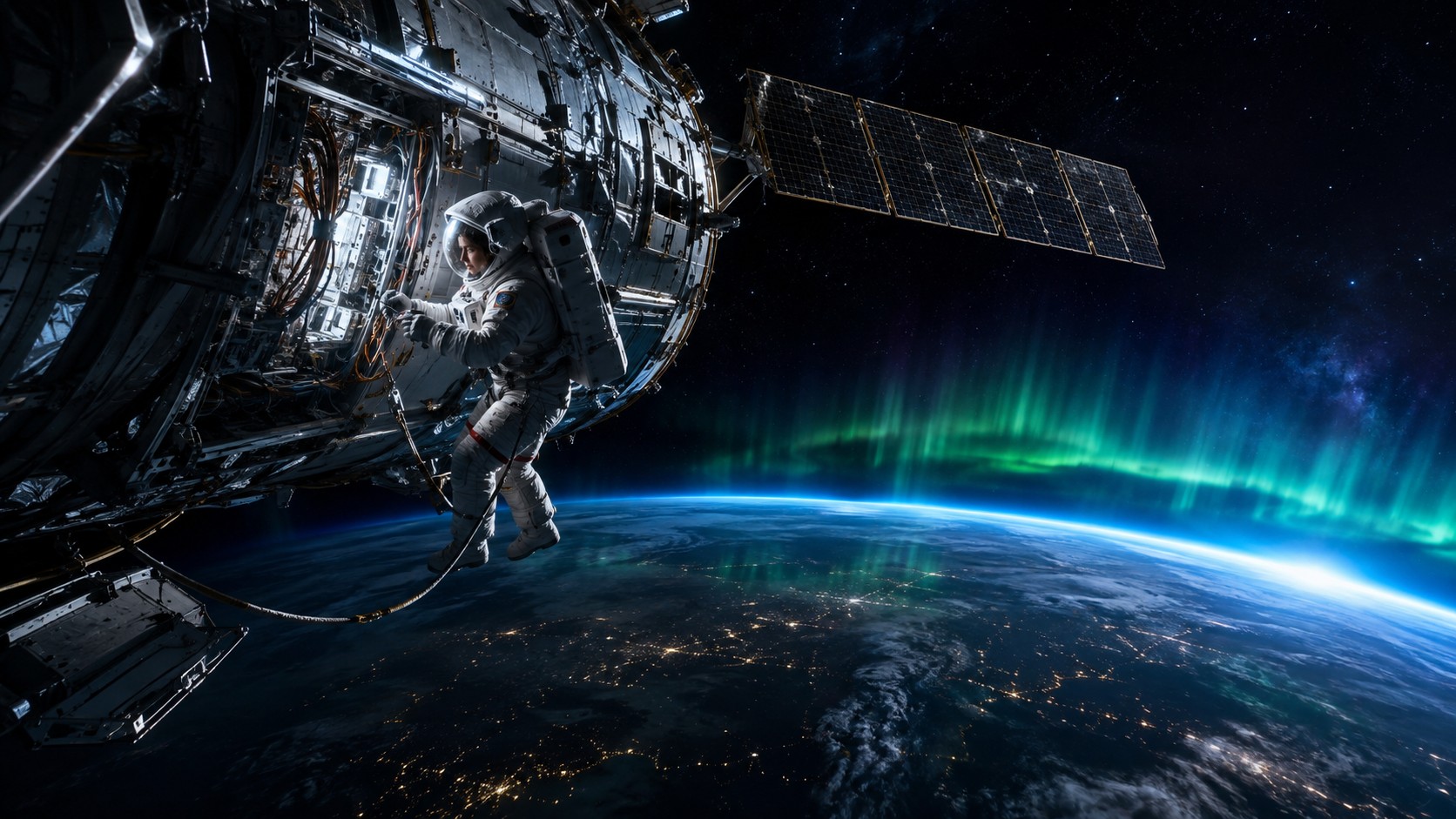 Ein Astronaut arbeitet außen an einer orbitalen Plattform mit Erde und Aurora im Hintergrund