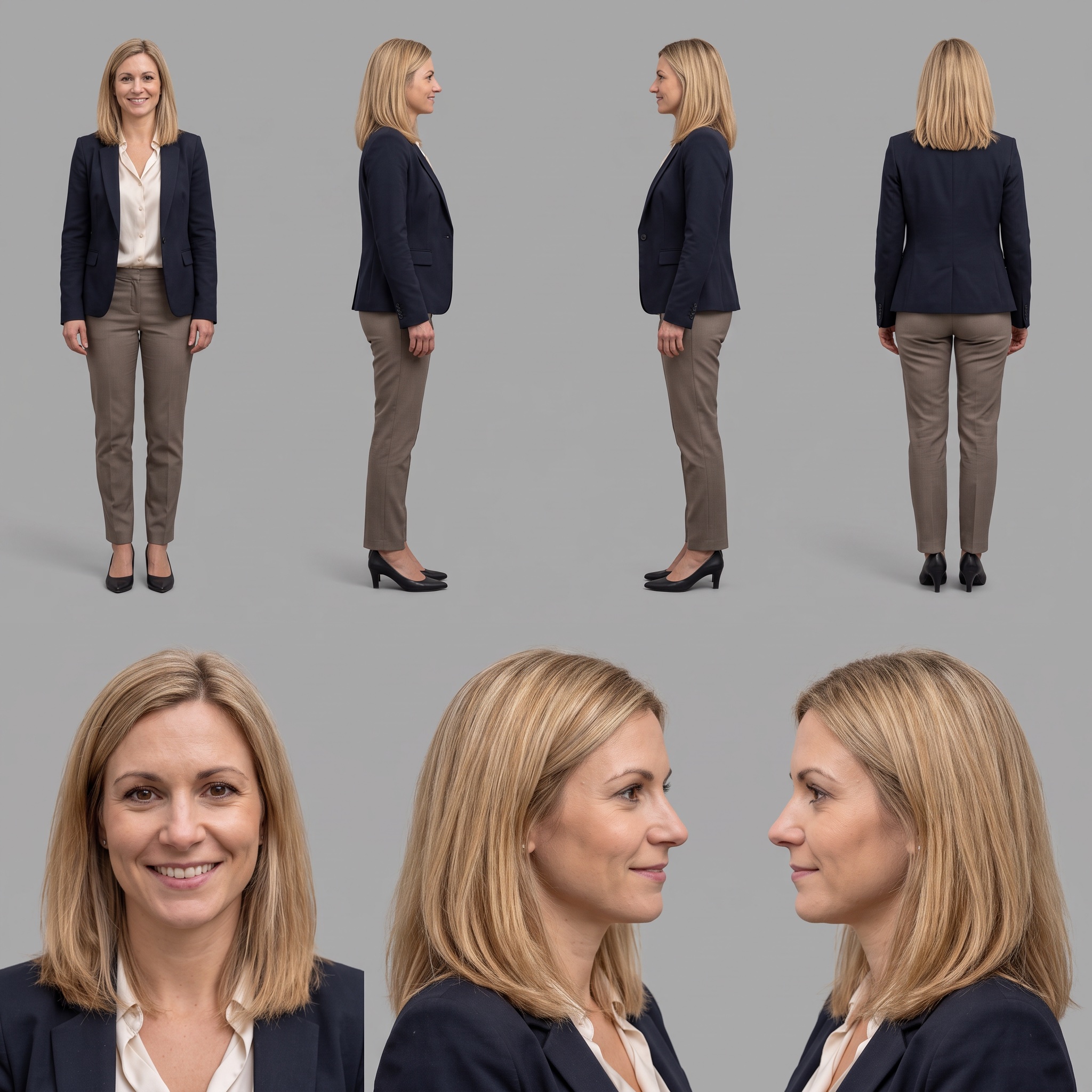 Character Sheet derselben KI-generierten Frau mit Business-casual Styling