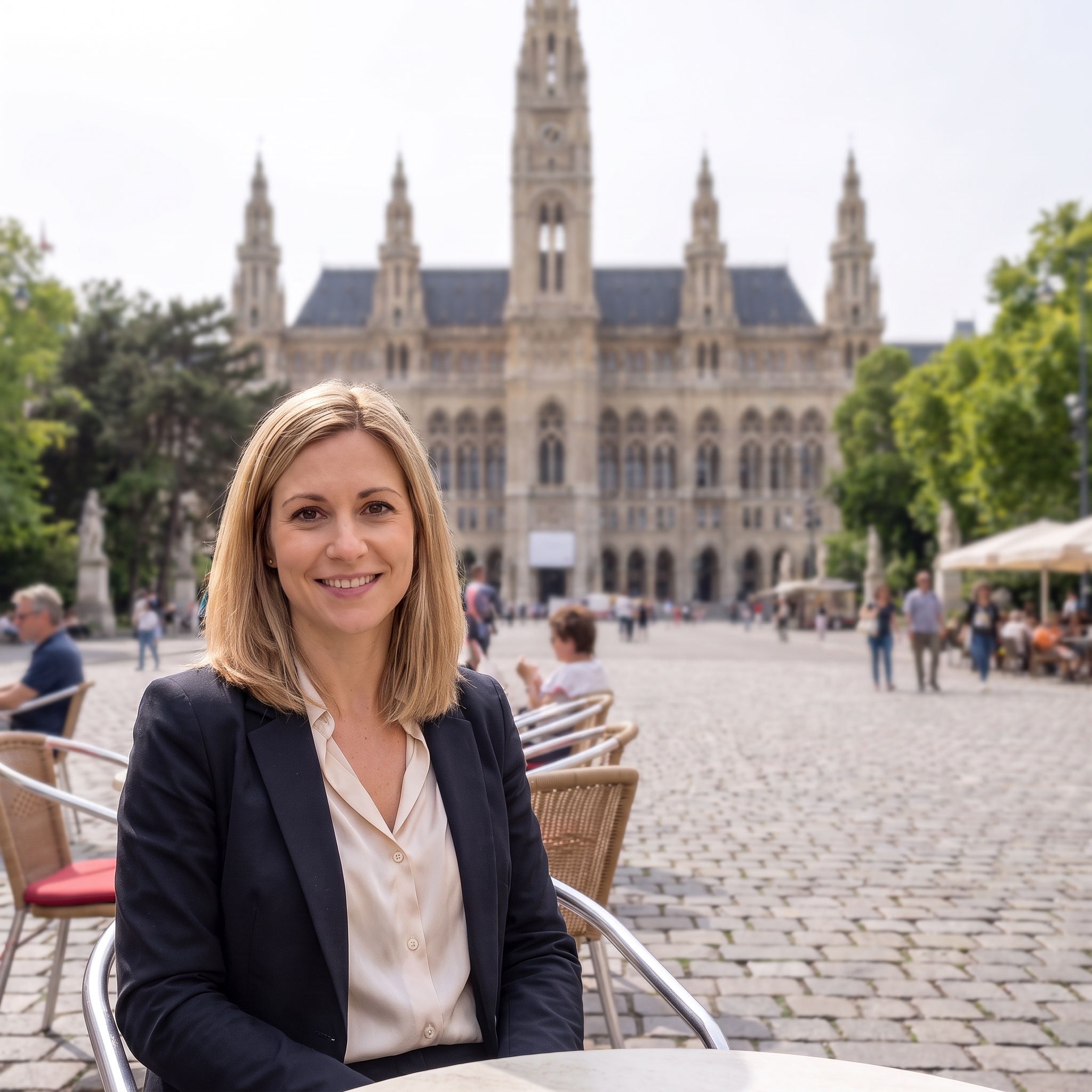 KI-generierte Frau mit blondem Haar, dunkelblauem Blazer und heller Bluse am Wiener Rathausplatz