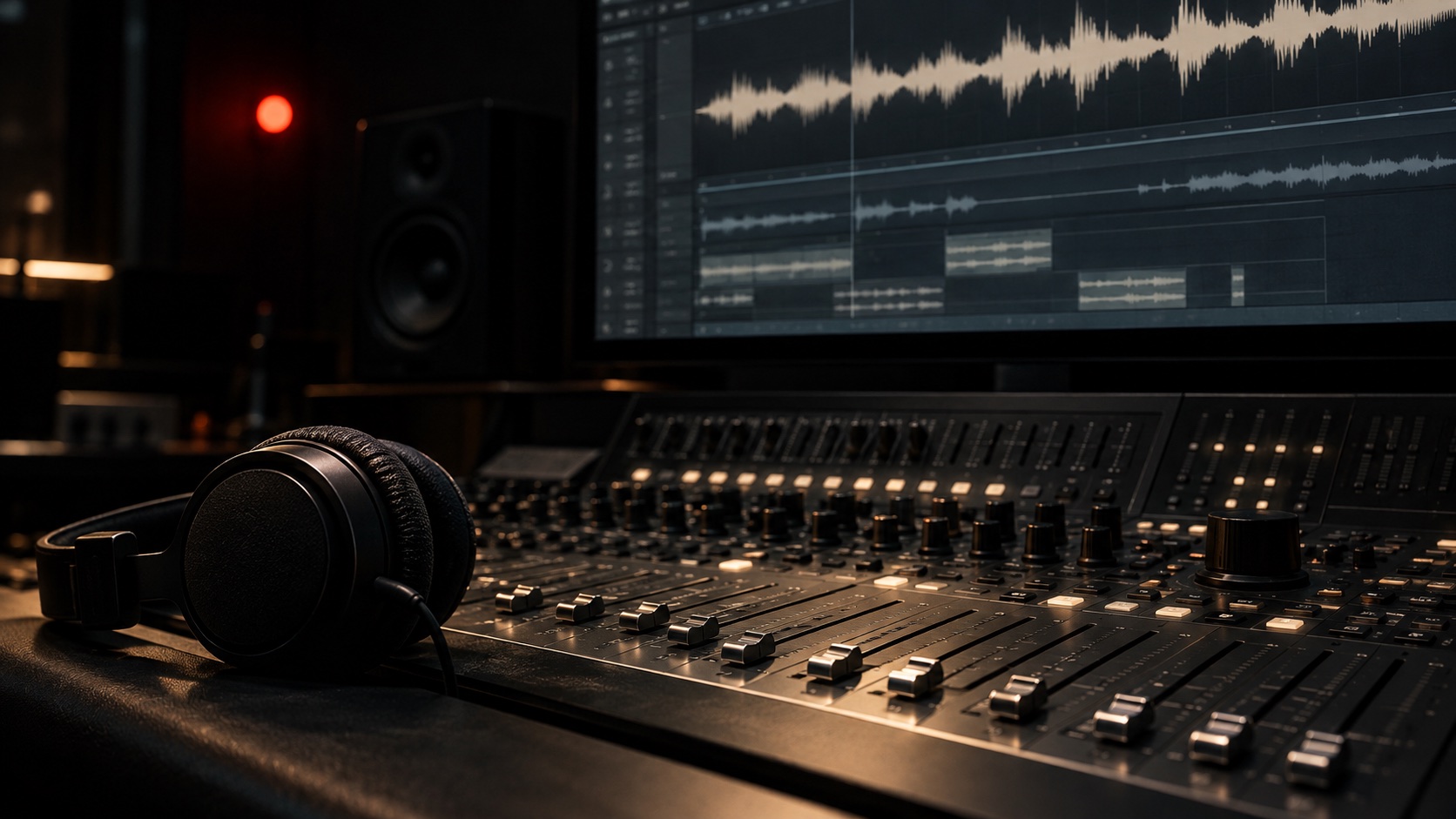 Dunkles Tonstudio mit Mischpult, Kopfhörern und abstrahierten Wellenformen auf einem Monitor
