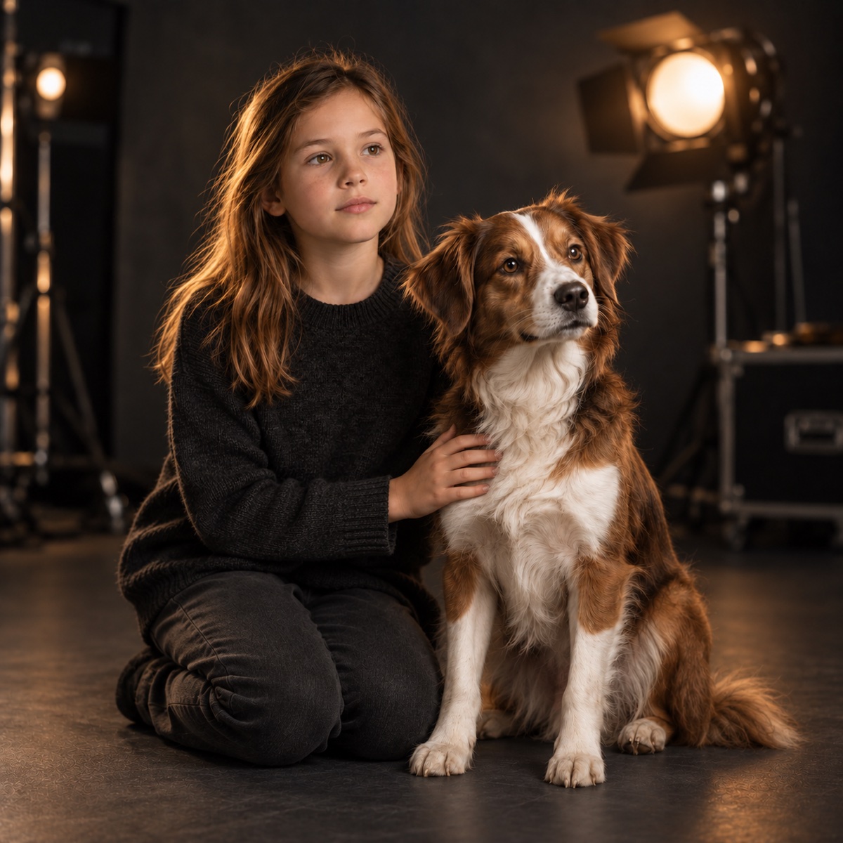 Vollständig KI-generiertes Beispielbild: Ein Mädchen kniet ruhig neben einem Hund in einer Studioumgebung und legt eine Hand auf dessen Schulter