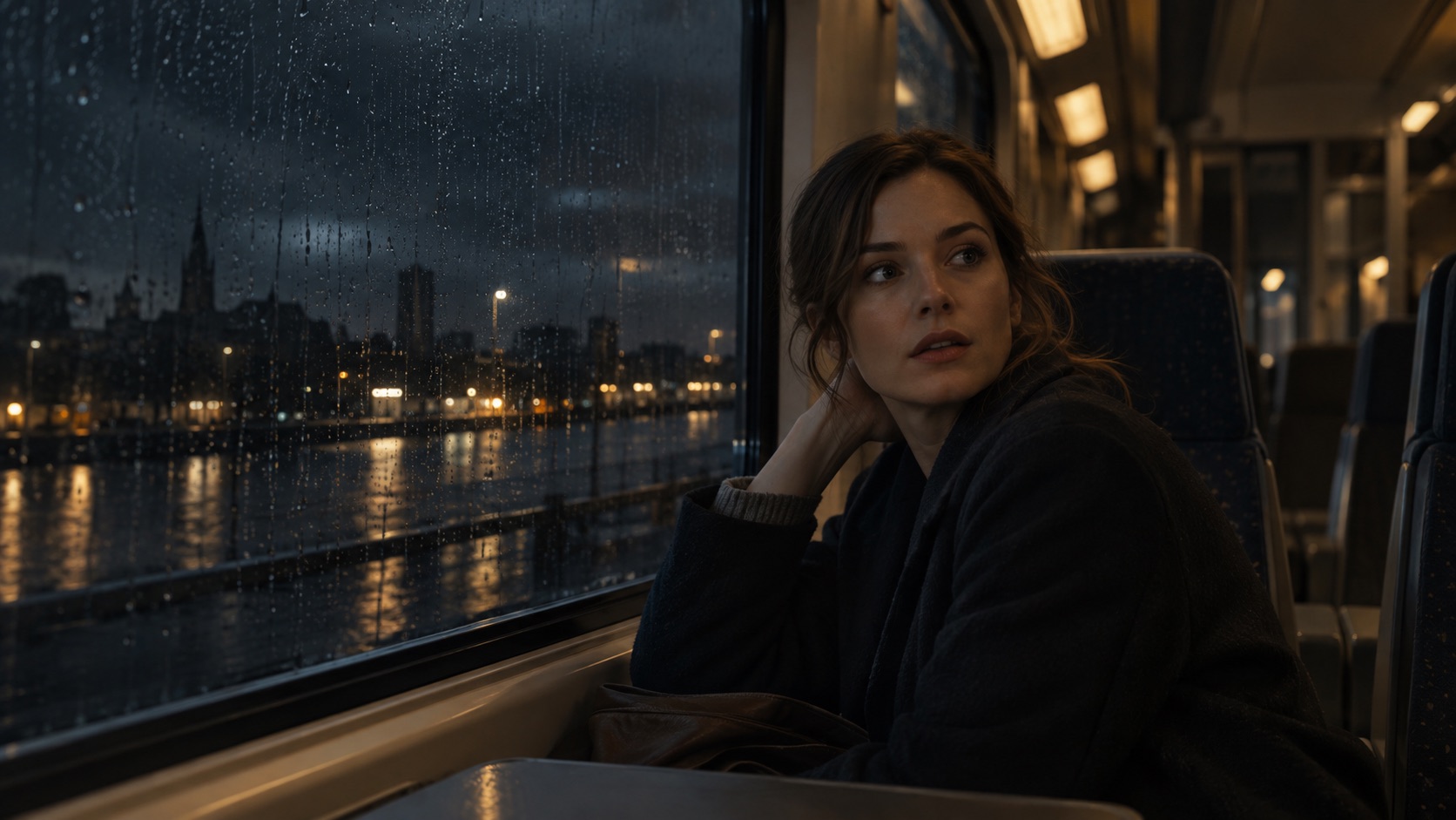Eine Frau sitzt nachts allein in einem Zug, Regen läuft über die Fensterscheibe