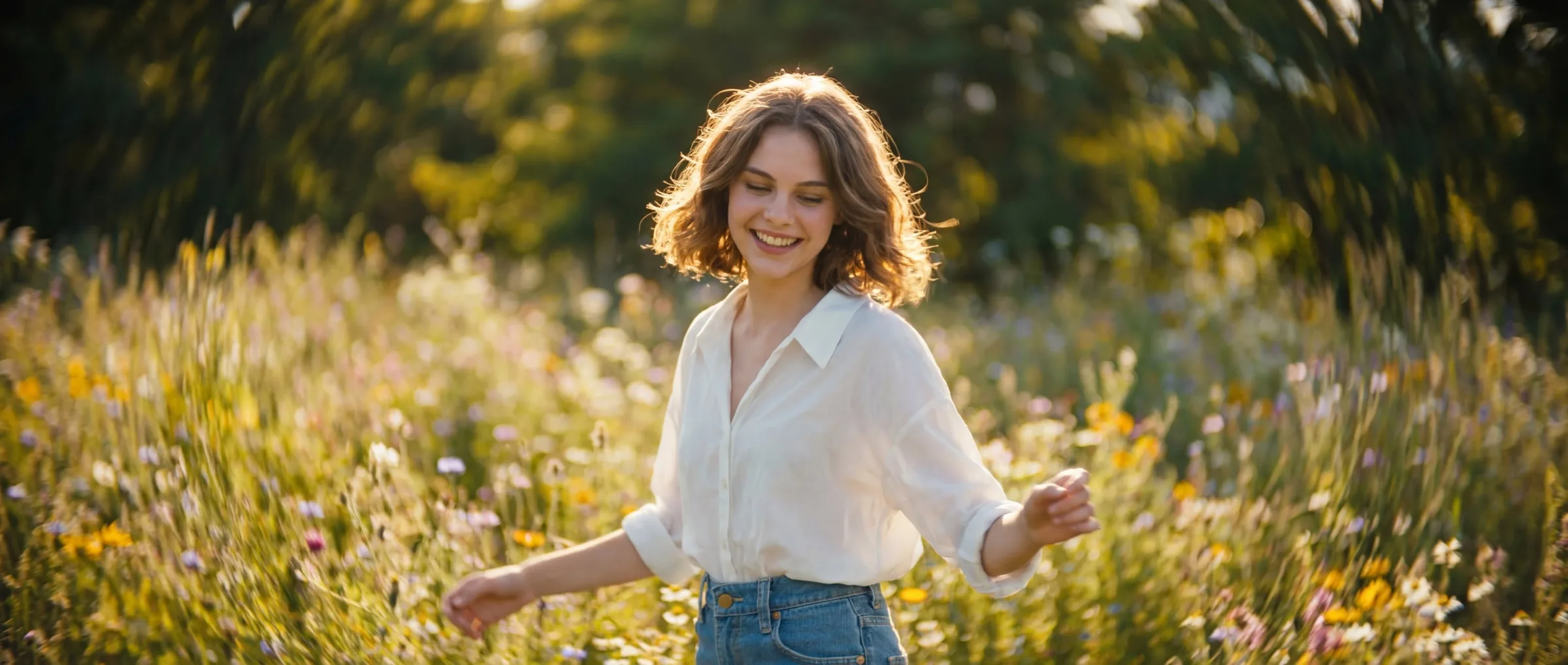 KI-generiertes Bildmotiv: Sophia Auenfeld in einer sommerlichen Blumenwiese im Gegenlicht.