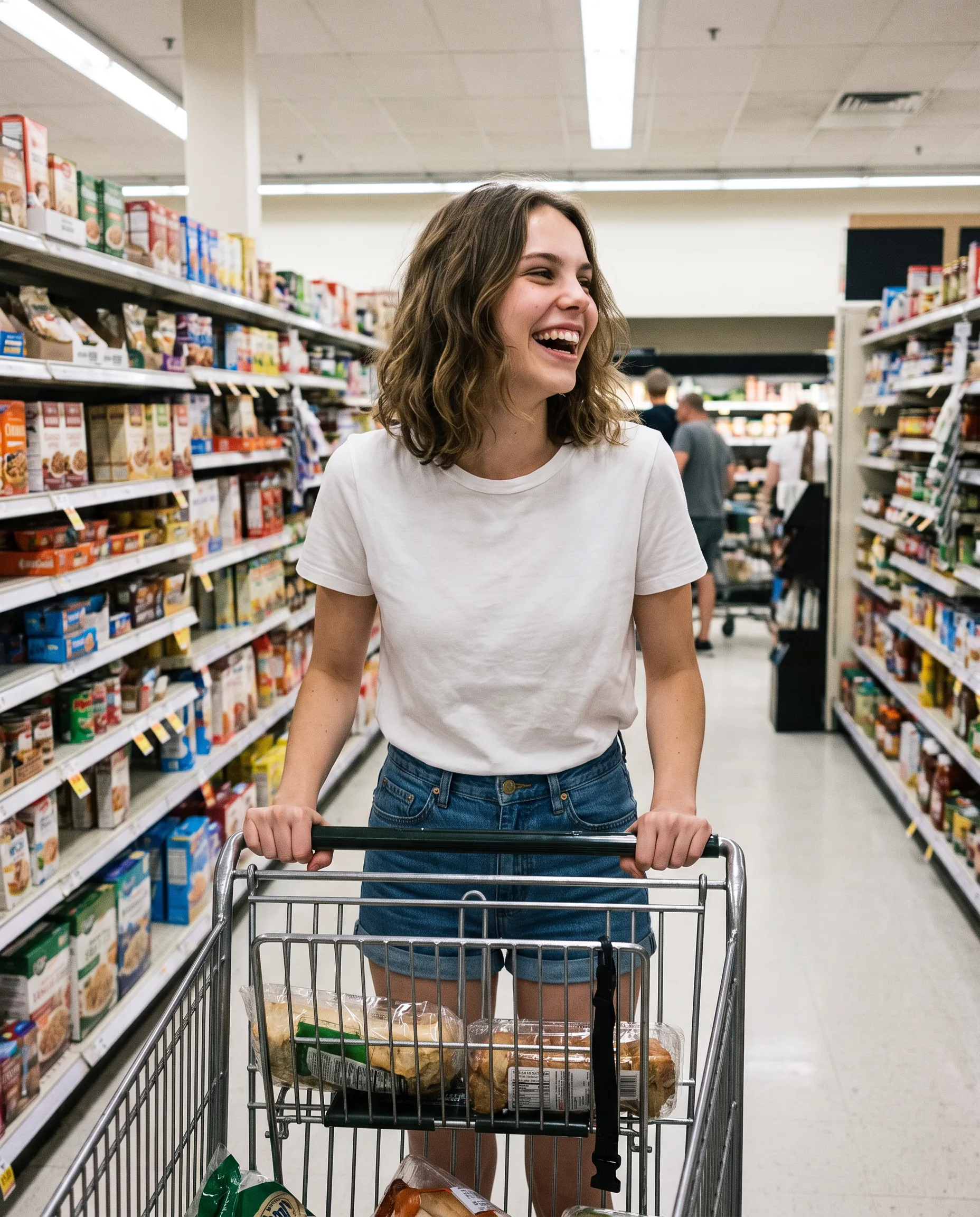 KI-generiertes Bildmotiv: Sophia Auenfeld in einer alltäglichen Supermarktszene. Die realitätsnahe Alltagssituation zeigt, warum die Einordnung als fiktive digitale Persona nahe am Bild sichtbar bleiben muss.