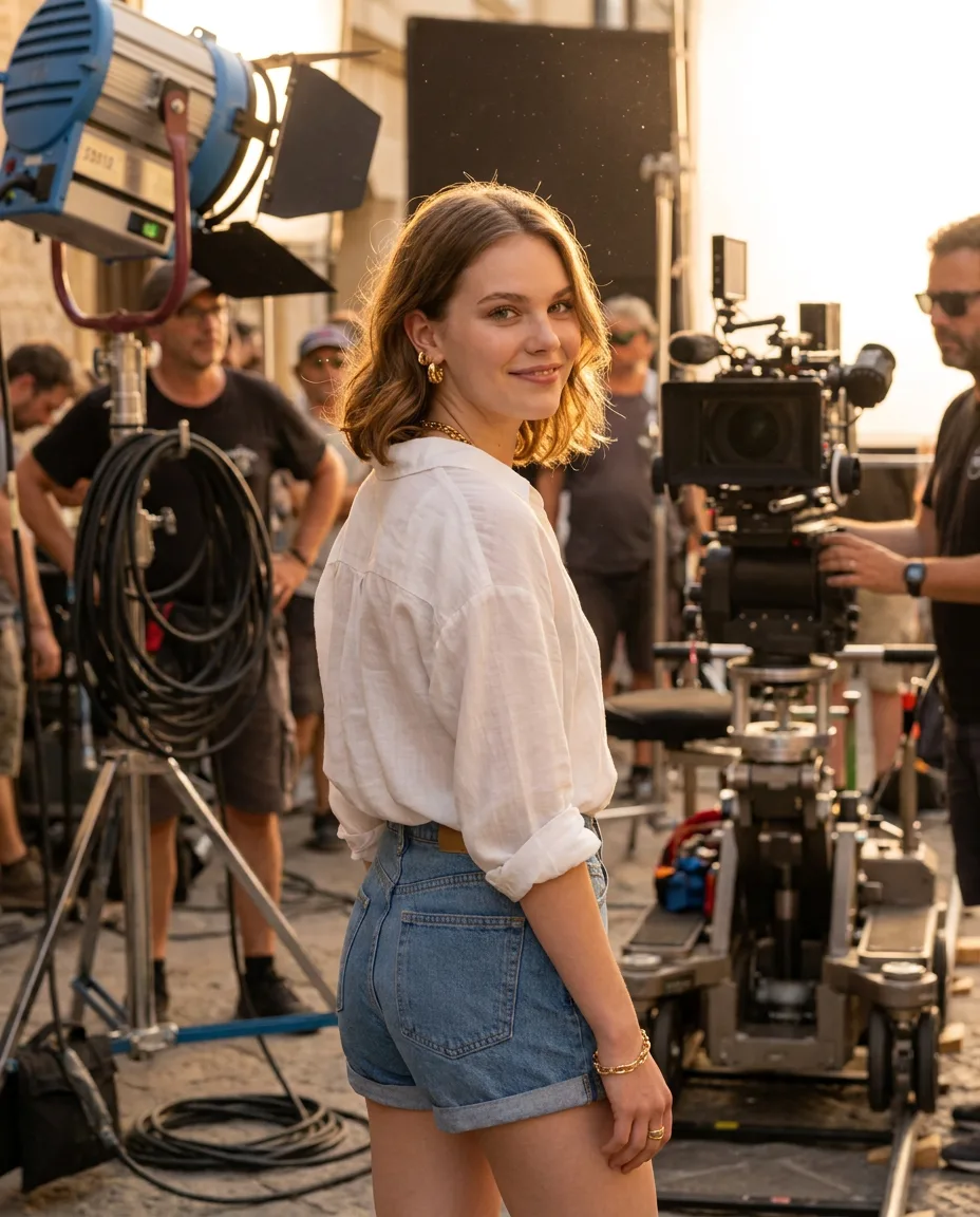 KI-generiertes Bildmotiv: Sophia Auenfeld an einem virtuellen Filmset mit Kamera und Studiolicht.