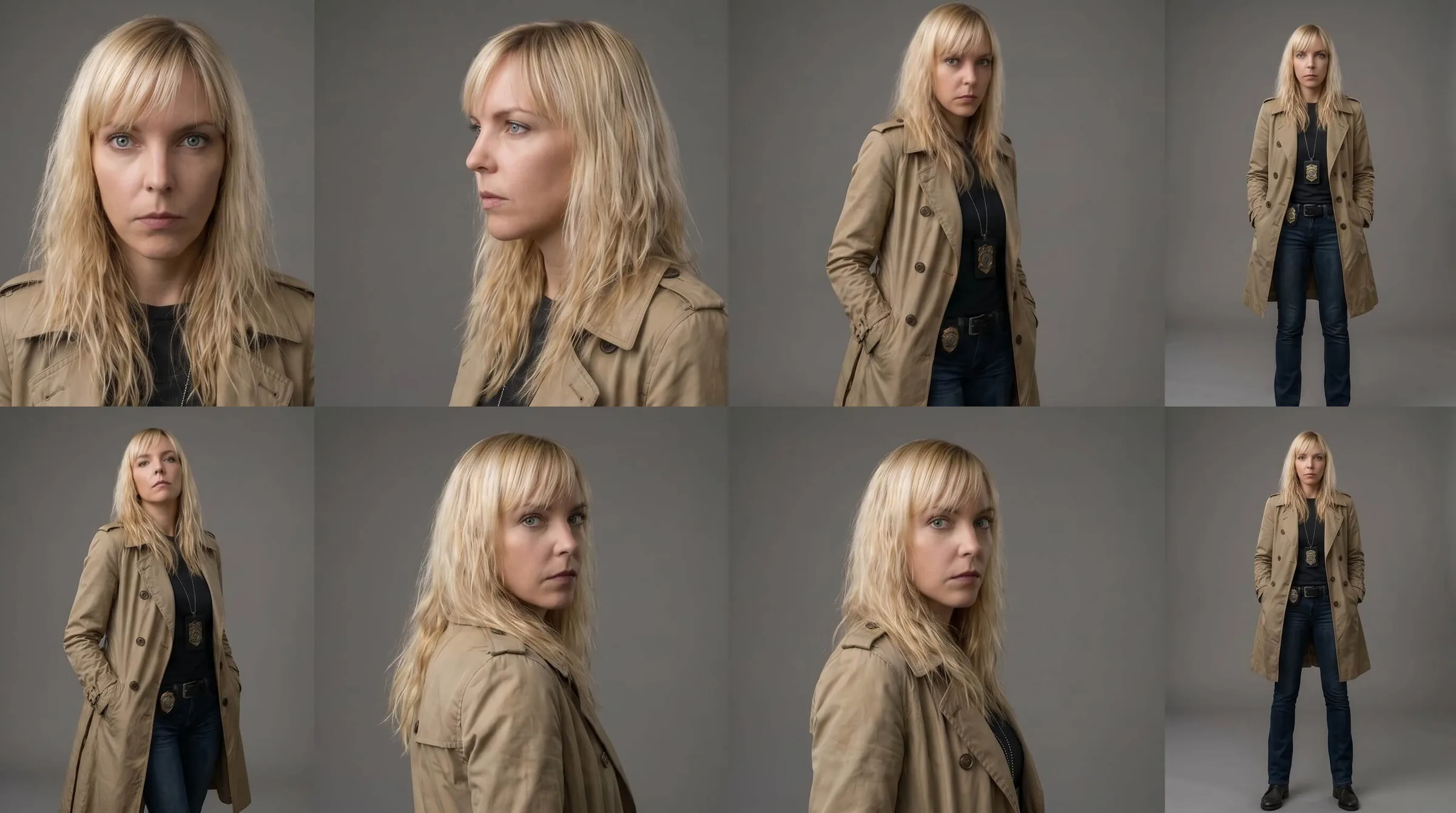 Figurenblatt von Detective Sarah Miller aus mehreren Blickwinkeln