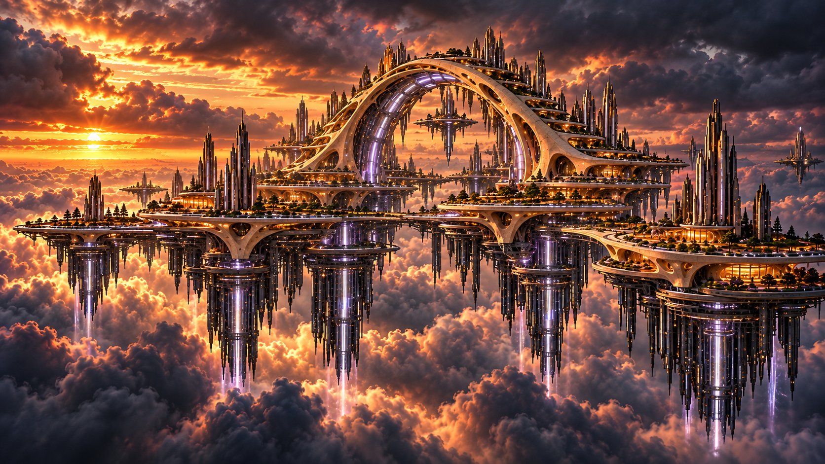 Die fiktive Stadt Aerolyth mit Türmen und einer geschwungenen Brücke über einem Wolkenmeer im Abendlicht