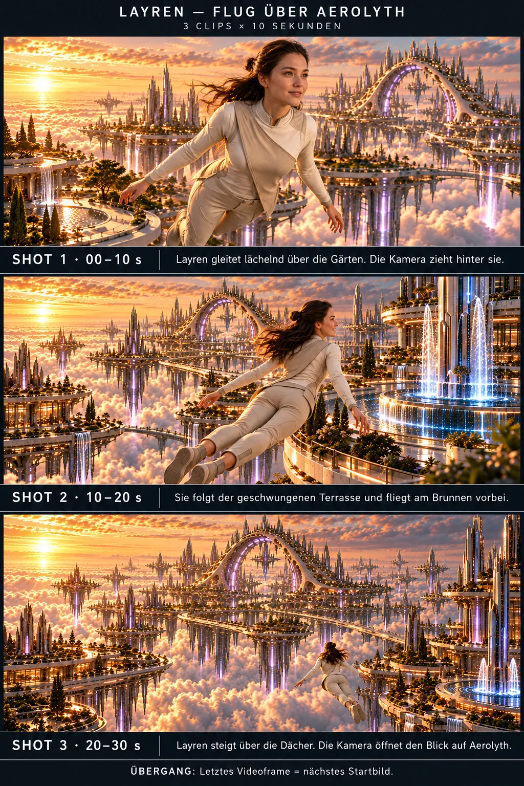 Storyboard mit drei Bildern: Layren fliegt über Gärten, an einem Brunnen vorbei und über die Dächer von Aerolyth