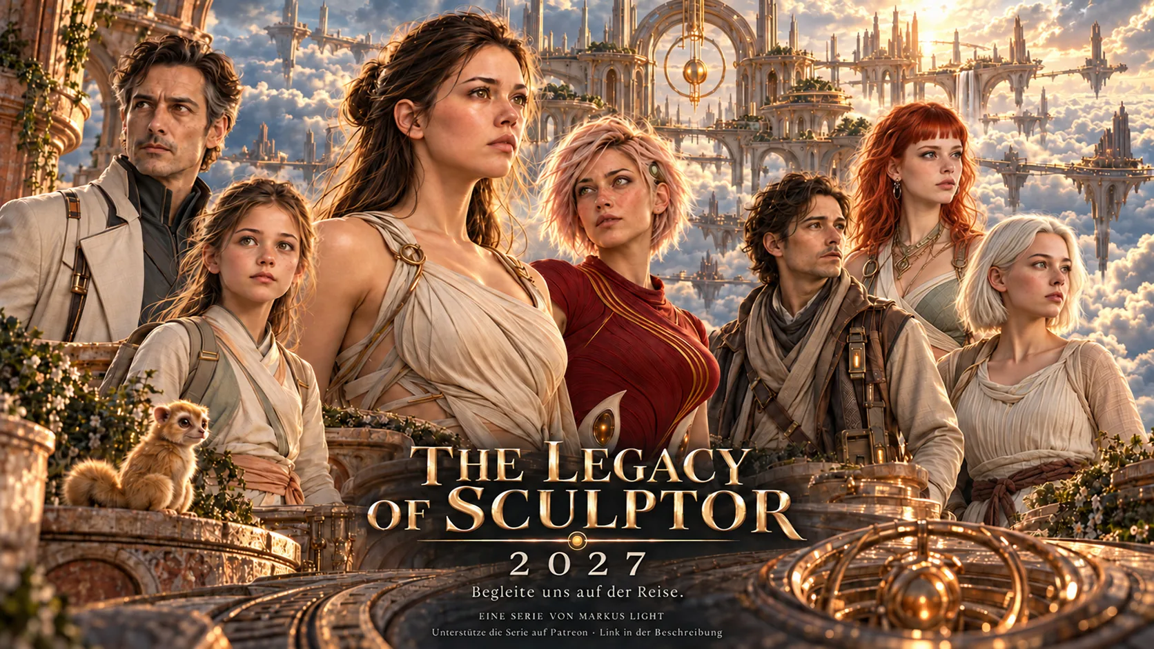 Projektposter mit sieben Figuren und einem kleinen Tier vor der Stadt Aerolyth, Schriftzug The Legacy of Sculptor 2027