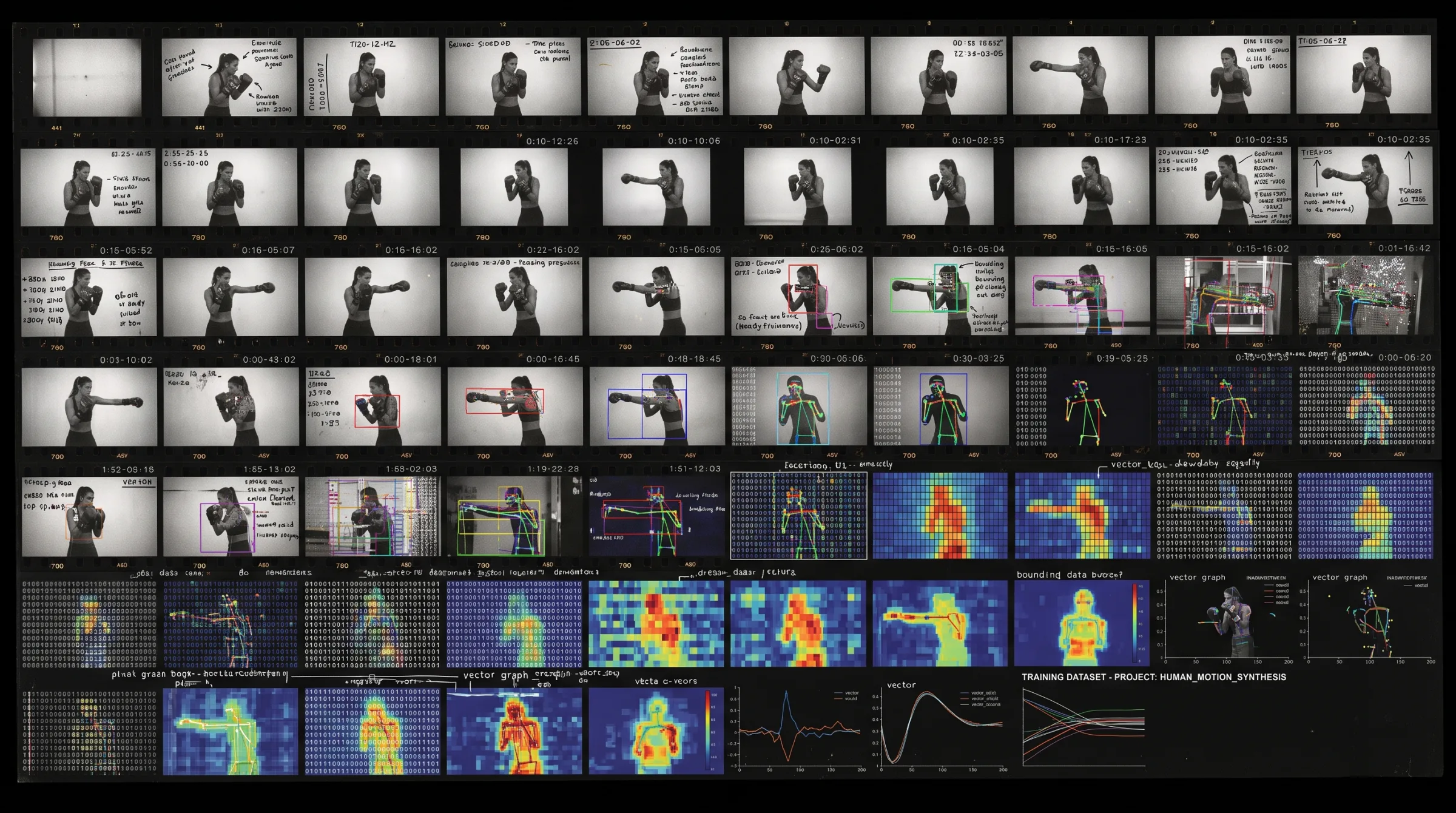 Kontaktbogen mit Fotos und Videostills, der sich grafisch in einen Trainingsdatensatz verwandelt