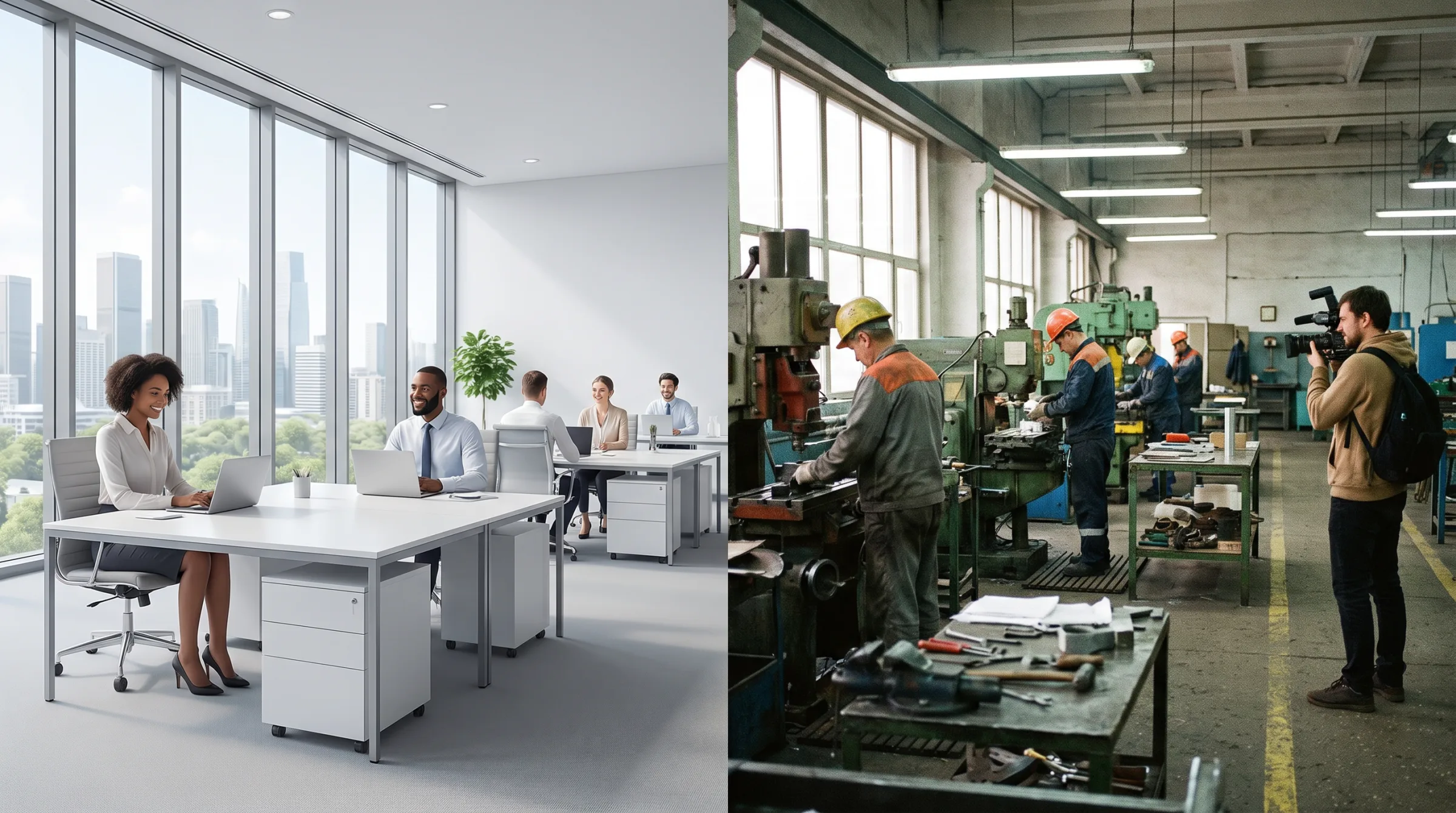 Gegenüberstellung eines generischen KI-generierten Office-Motivs und einer dokumentarischen Kameraaufnahme aus einer echten Produktionsumgebung
