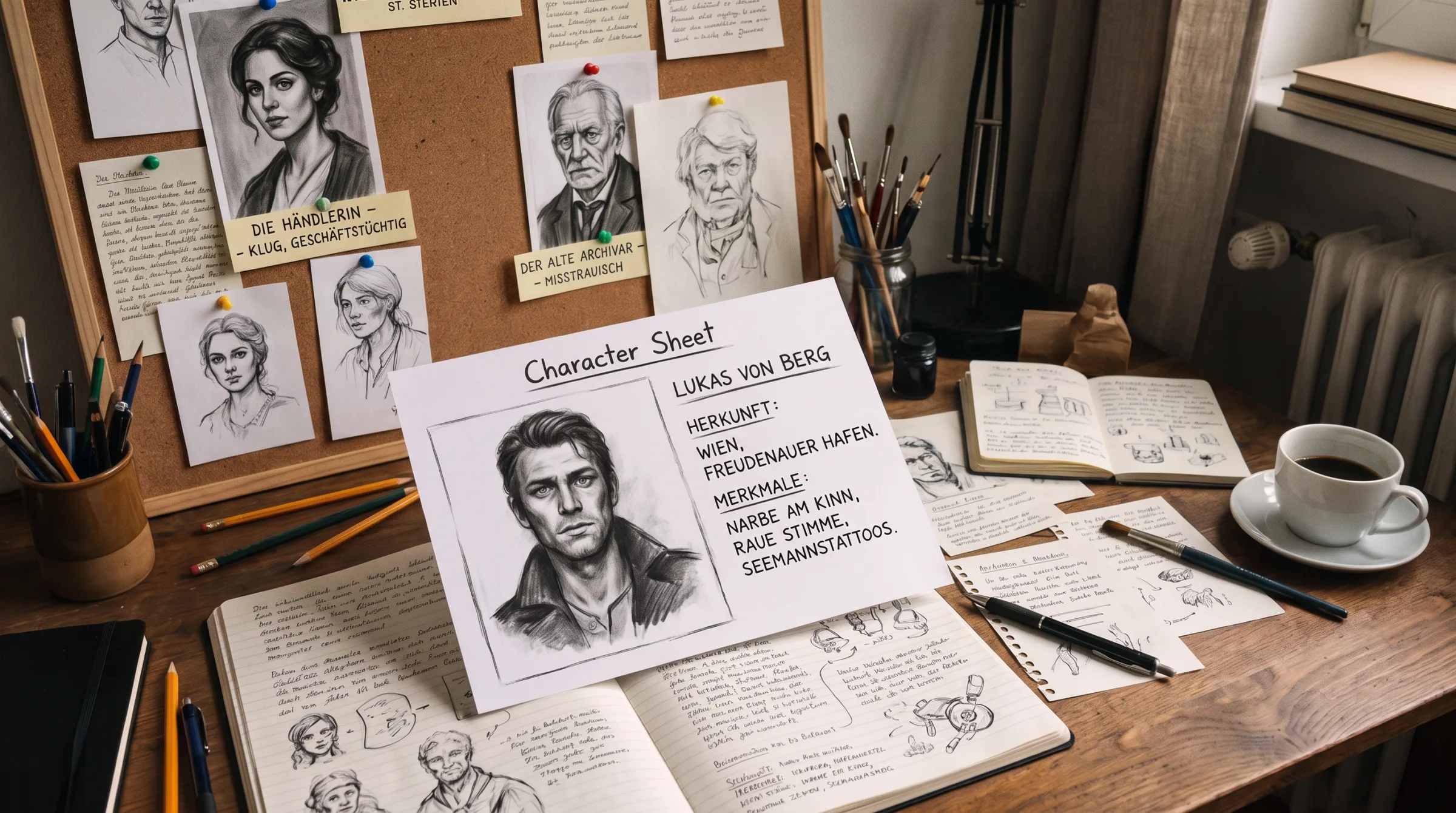 Arbeitsfläche mit Character Sheet, Notizen zu Herkunft und Figurenmerkmalen