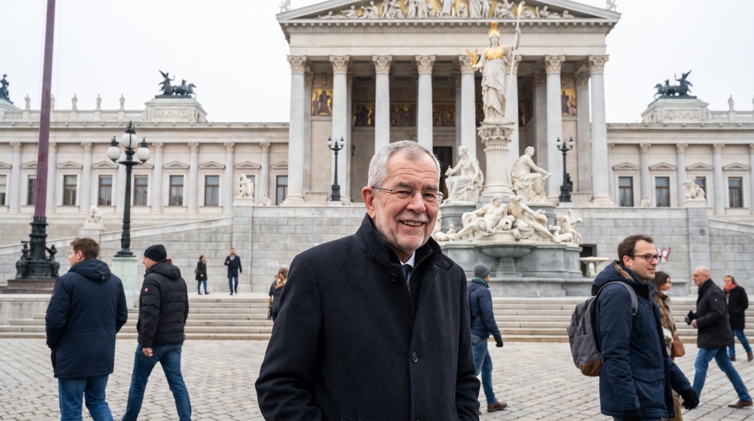 Fiktive KI-generierte Person vor einer unscharfen Wand aus unterschiedlichen Porträts.